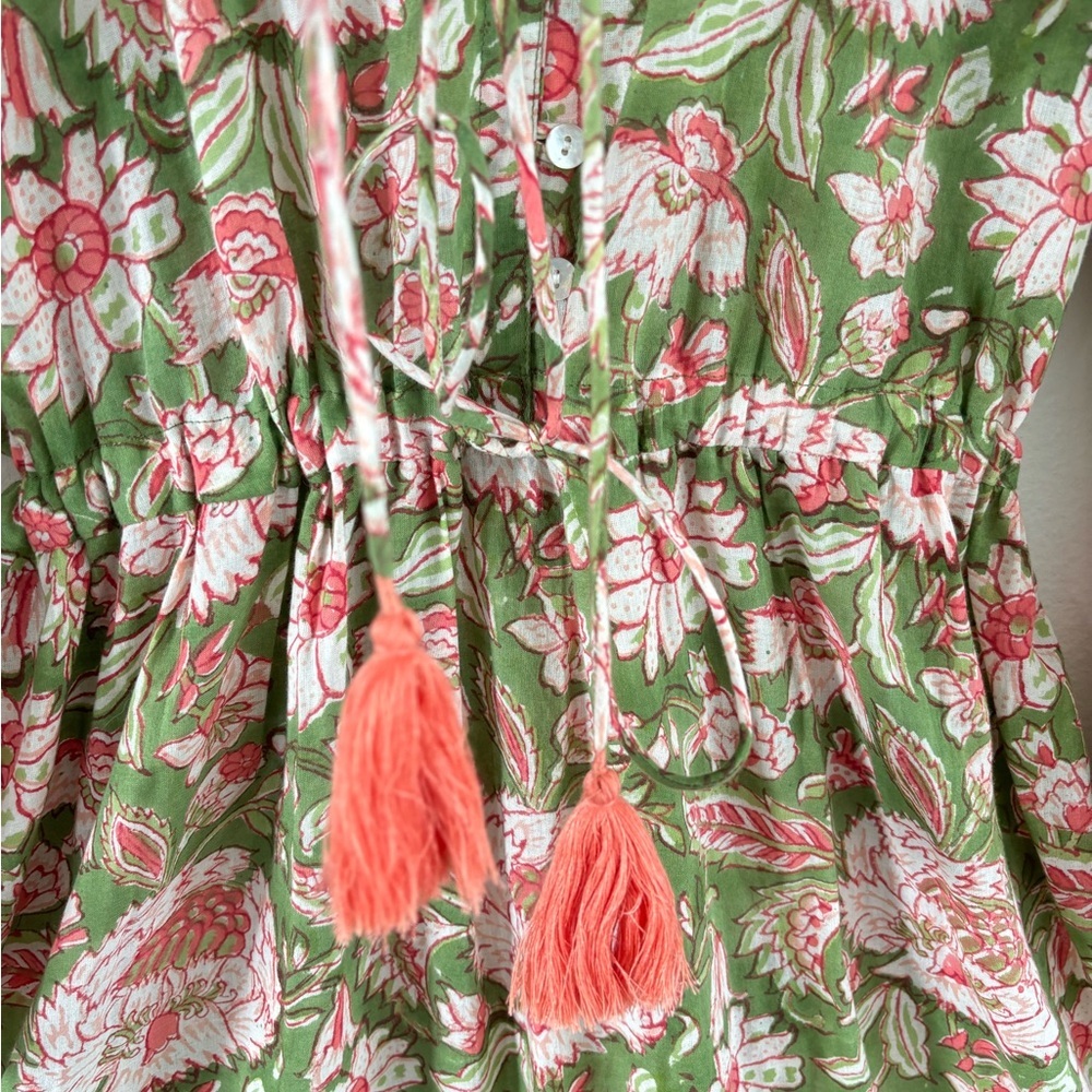 Pacific & Rose Textiles - Hilia Midi Tiered Dress, Pink & Green Floral - Picture 7 of 11